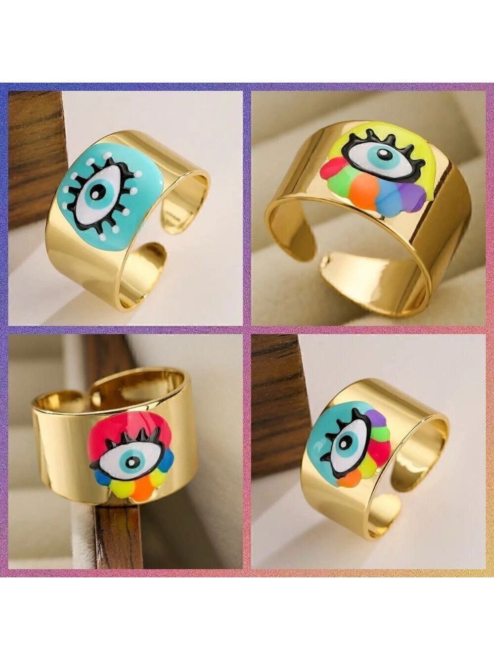 Boho Evil Eye Enamel and Copper Adjustable Ring #1300 NEON GREEN - Picture 10 of 14